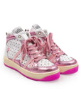 A pink high-top sneaker with pink straps and a white sole.