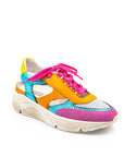 Multicolored sneaker with pink laces on a white background