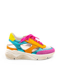 Multicolored sneaker with pink laces on a white background