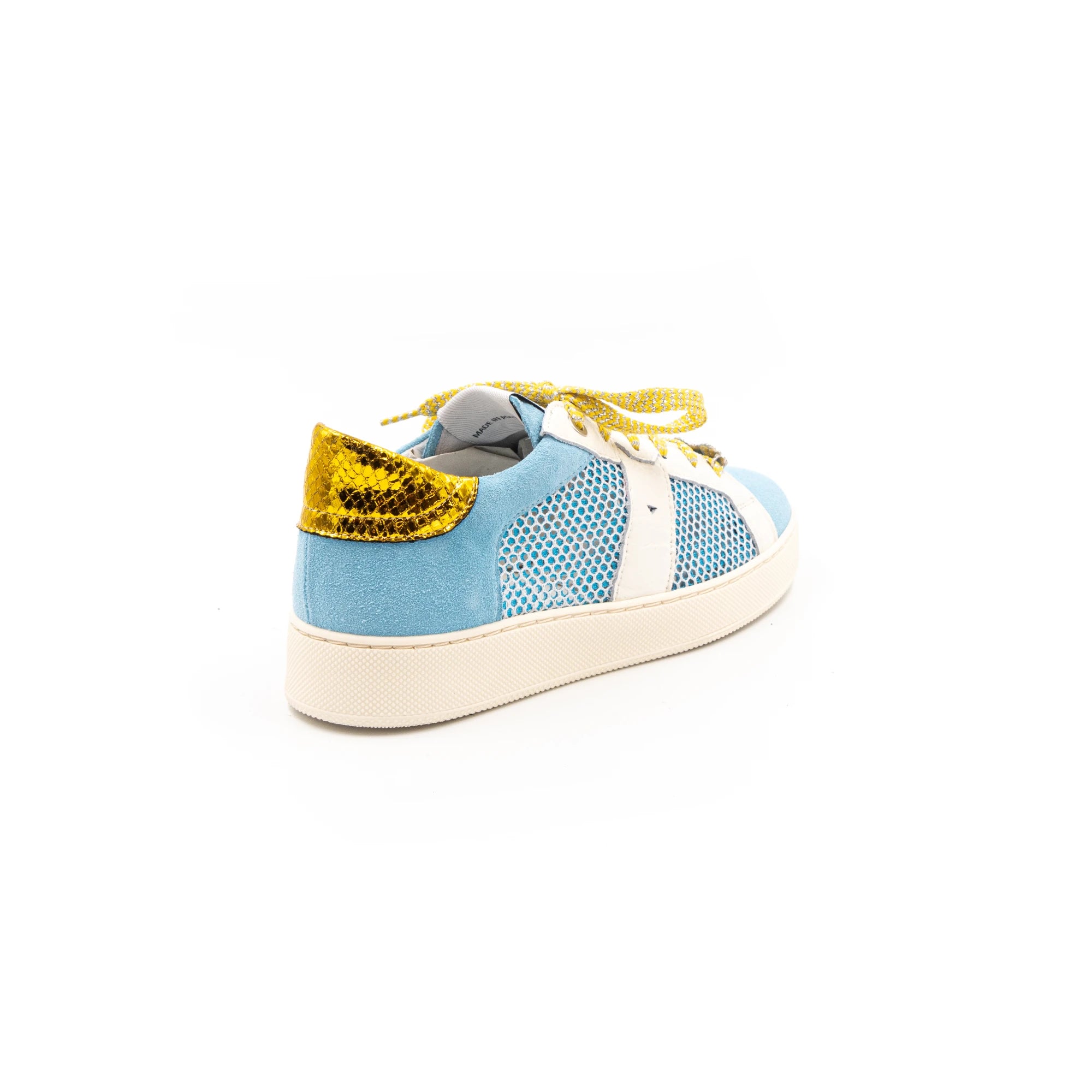Blue sneakers with gold accents and white rubber.