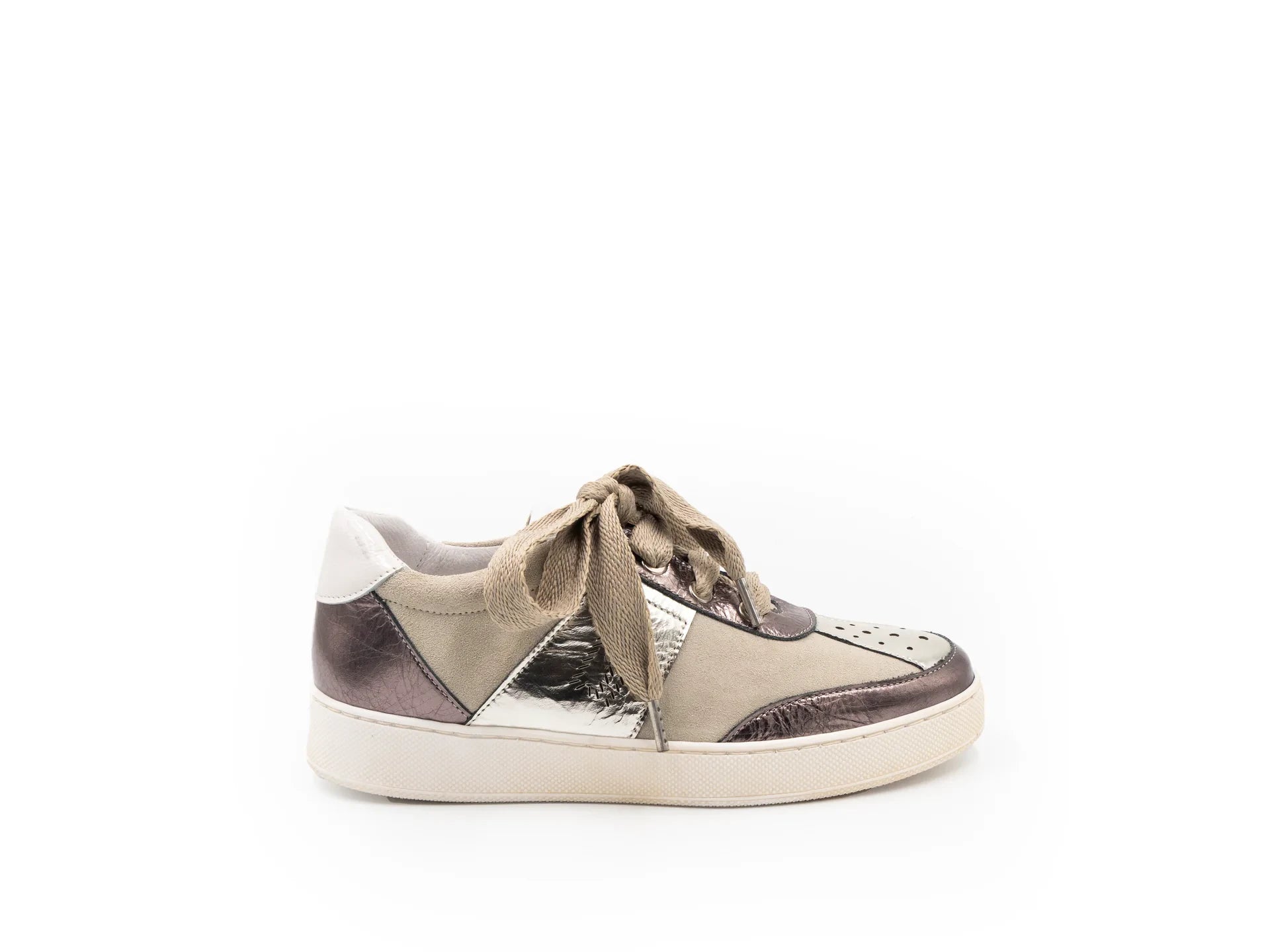 A beige and brown sneaker with a lace-up closure, featuring a low heel and a round toe shape.