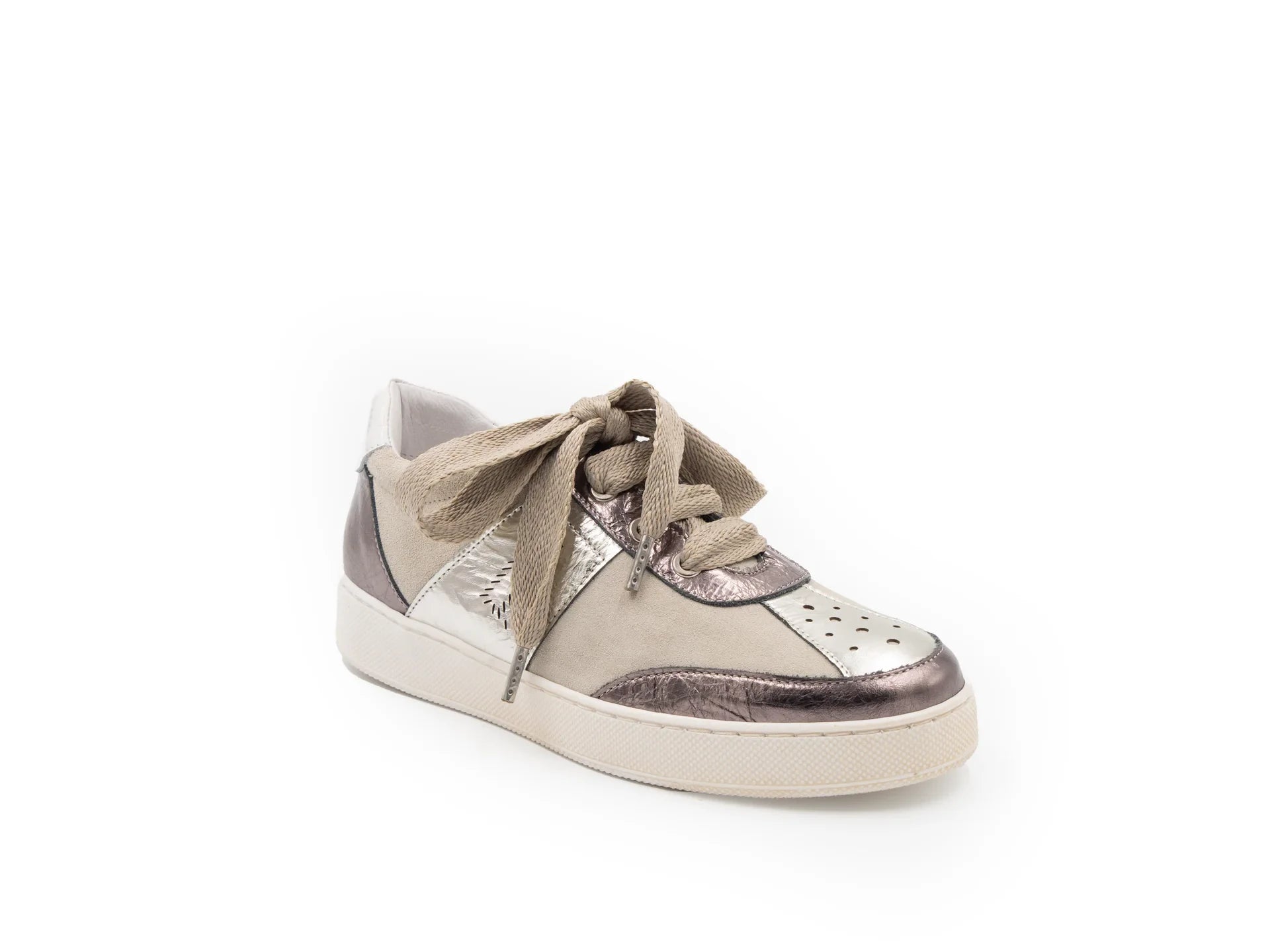A beige and brown sneaker with a lace-up closure, featuring a low heel and a round toe shape.