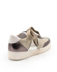 A beige and brown sneaker with a lace-up closure, featuring a low heel and a round toe shape.