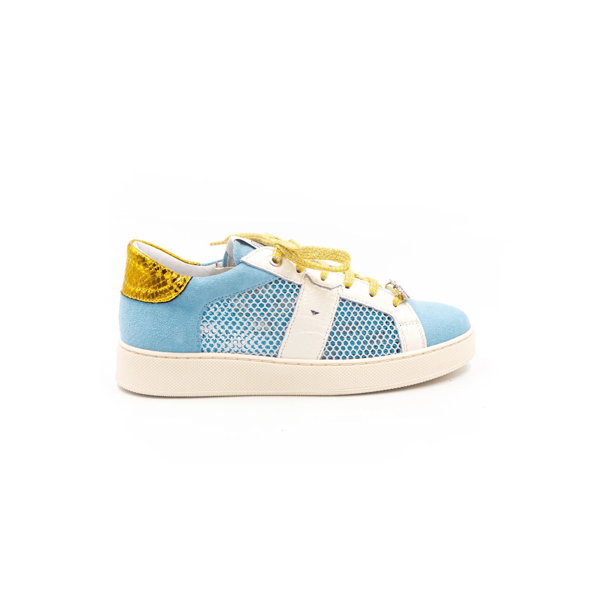 Blue sneakers with gold accents and white rubber.