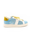 Blue sneakers with gold accents and white rubber.