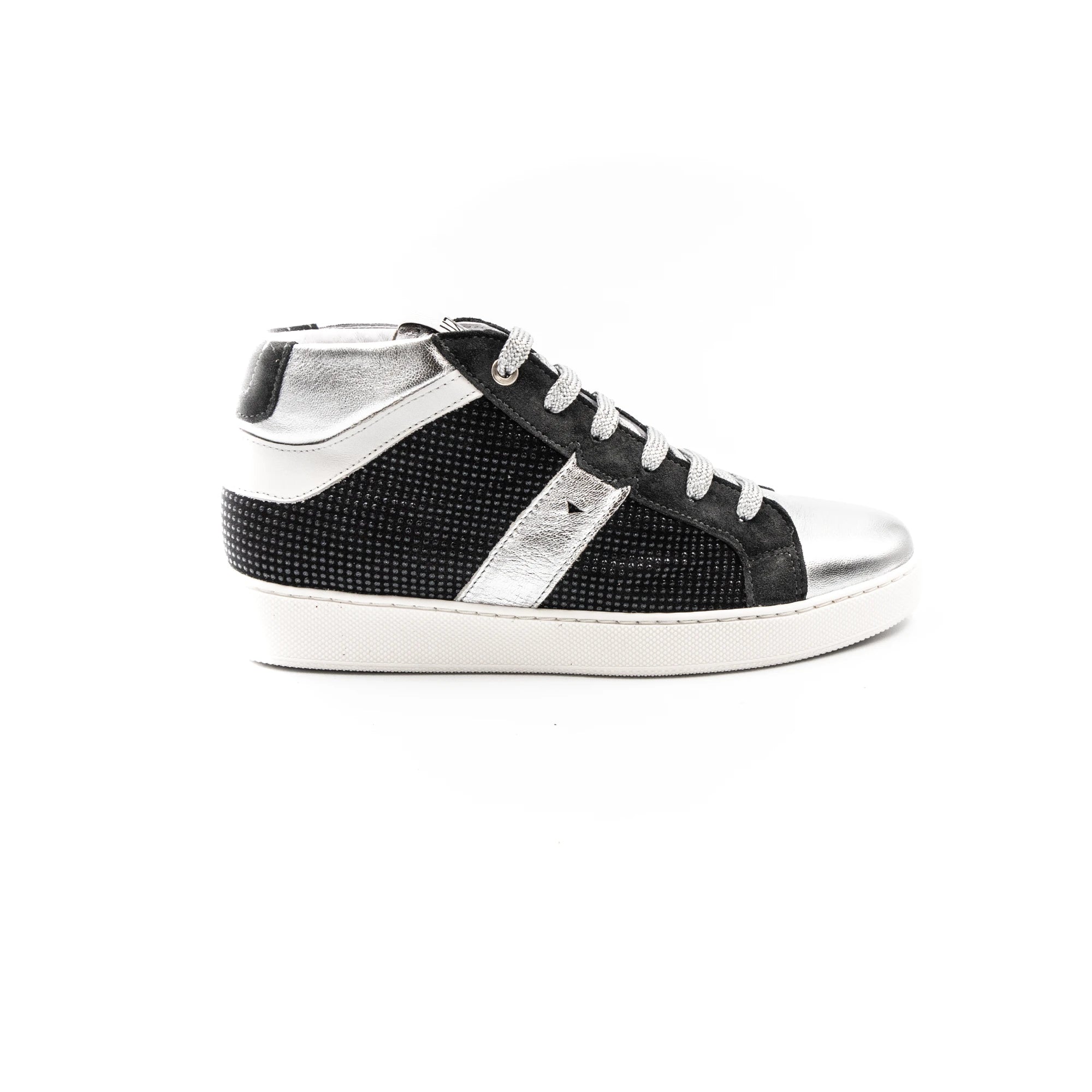 Black and silver high-top sneakers with white rubber.