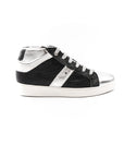 Black and silver high-top sneakers with white rubber.