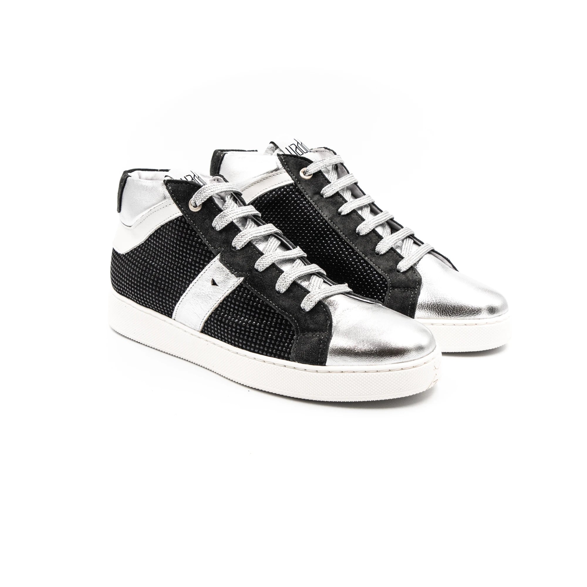 Black and silver high-top sneakers with white rubber.