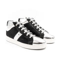 Black and silver high-top sneakers with white rubber.