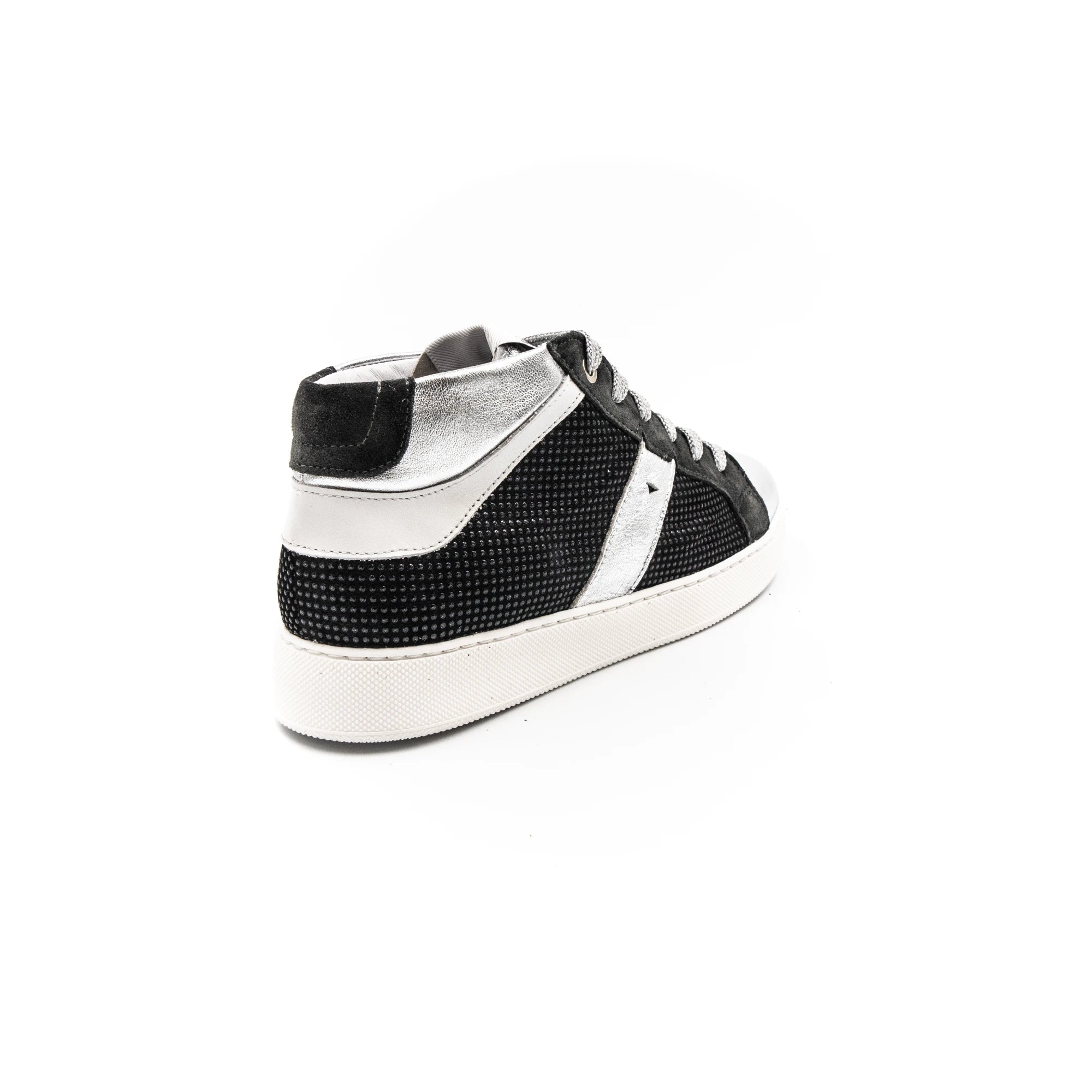 Black and silver high-top sneakers with white rubber.