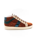Orange high-top sneakers with blue and beige accents.