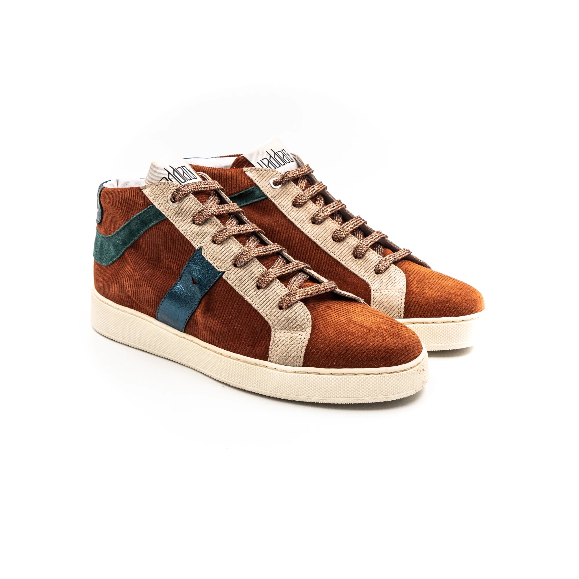 Orange high-top sneakers with blue and beige accents.