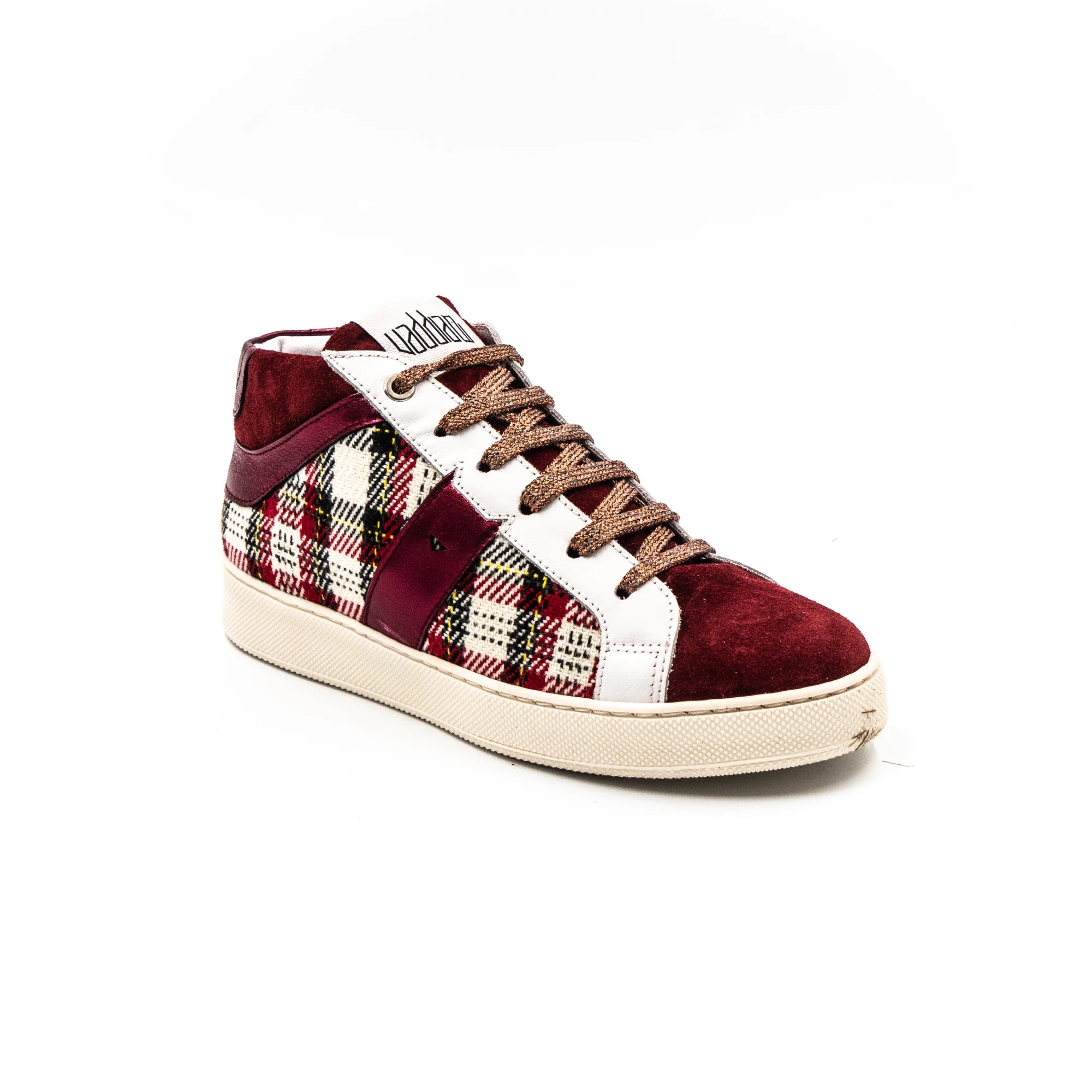 High-top sneakers with a checkered pattern in red, ecru and yellow.