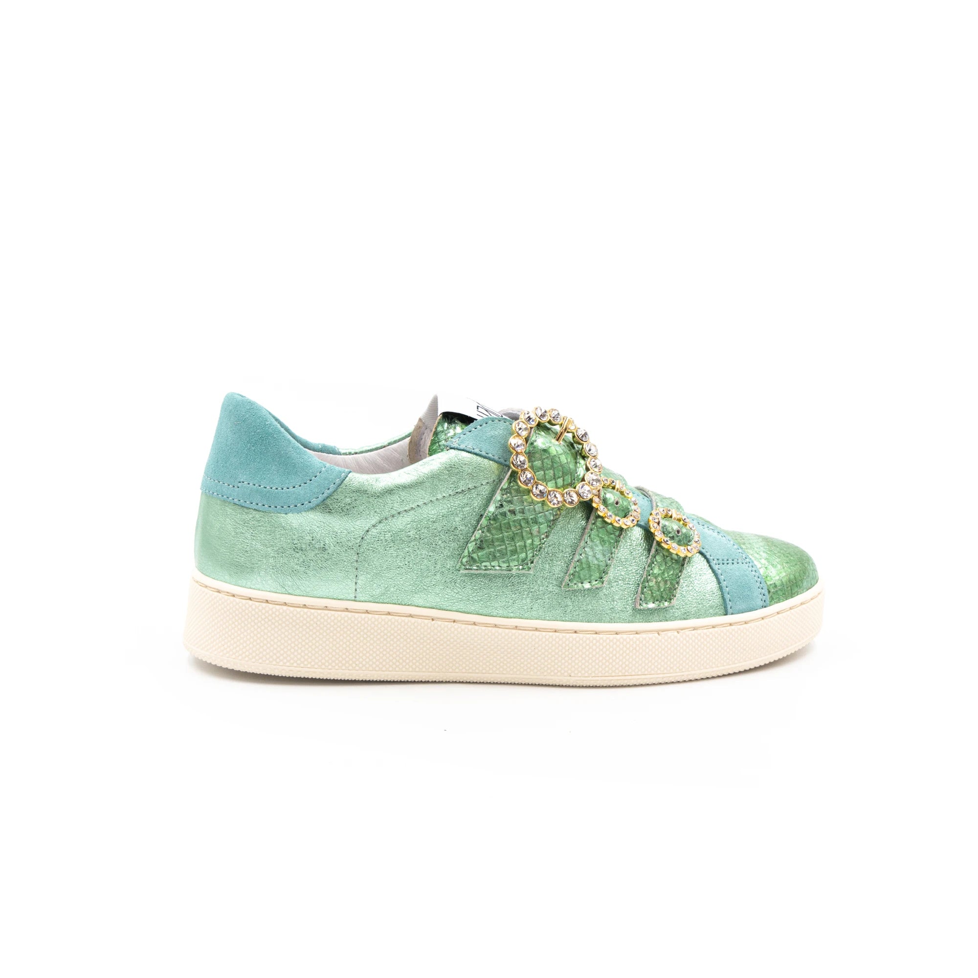 Green-toned sneakers with glittery buckles.