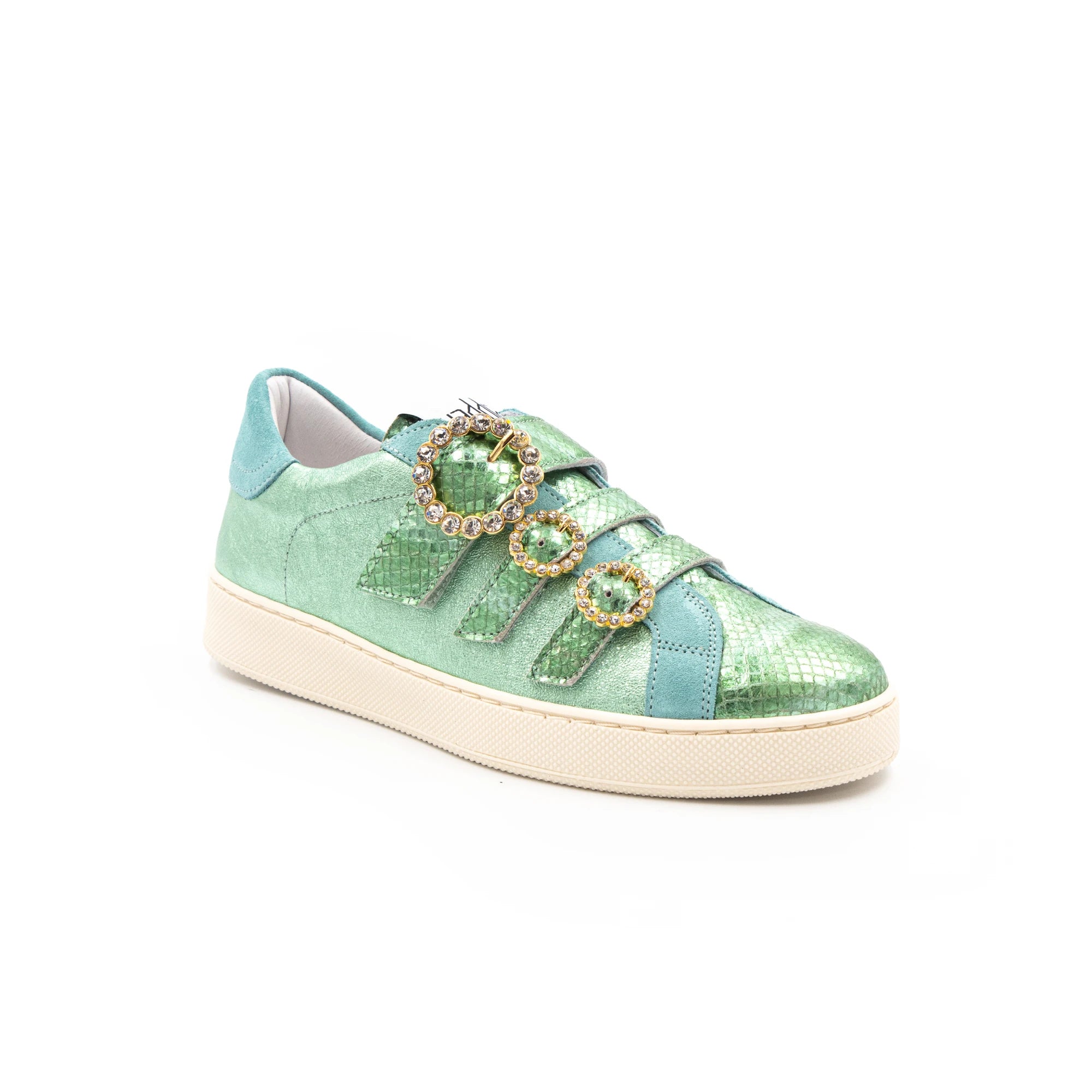 Green-toned sneakers with glittery buckles.
