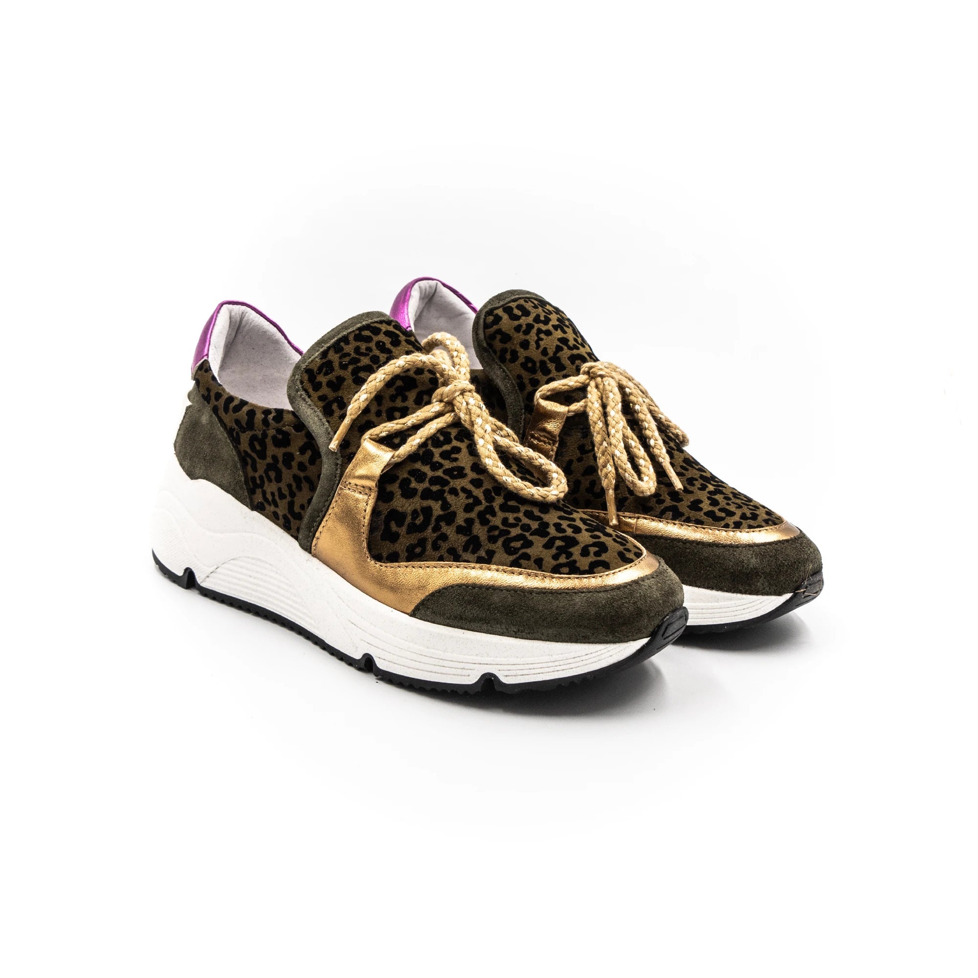 Leopard print sneakers.