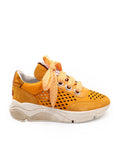 Orange sneaker with white sole on a white background