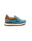 Blue perforated sneakers.