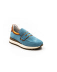 Blue perforated sneakers.