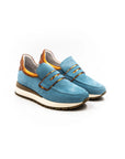 Blue perforated sneakers.