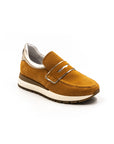 Orange perforated sneakers.