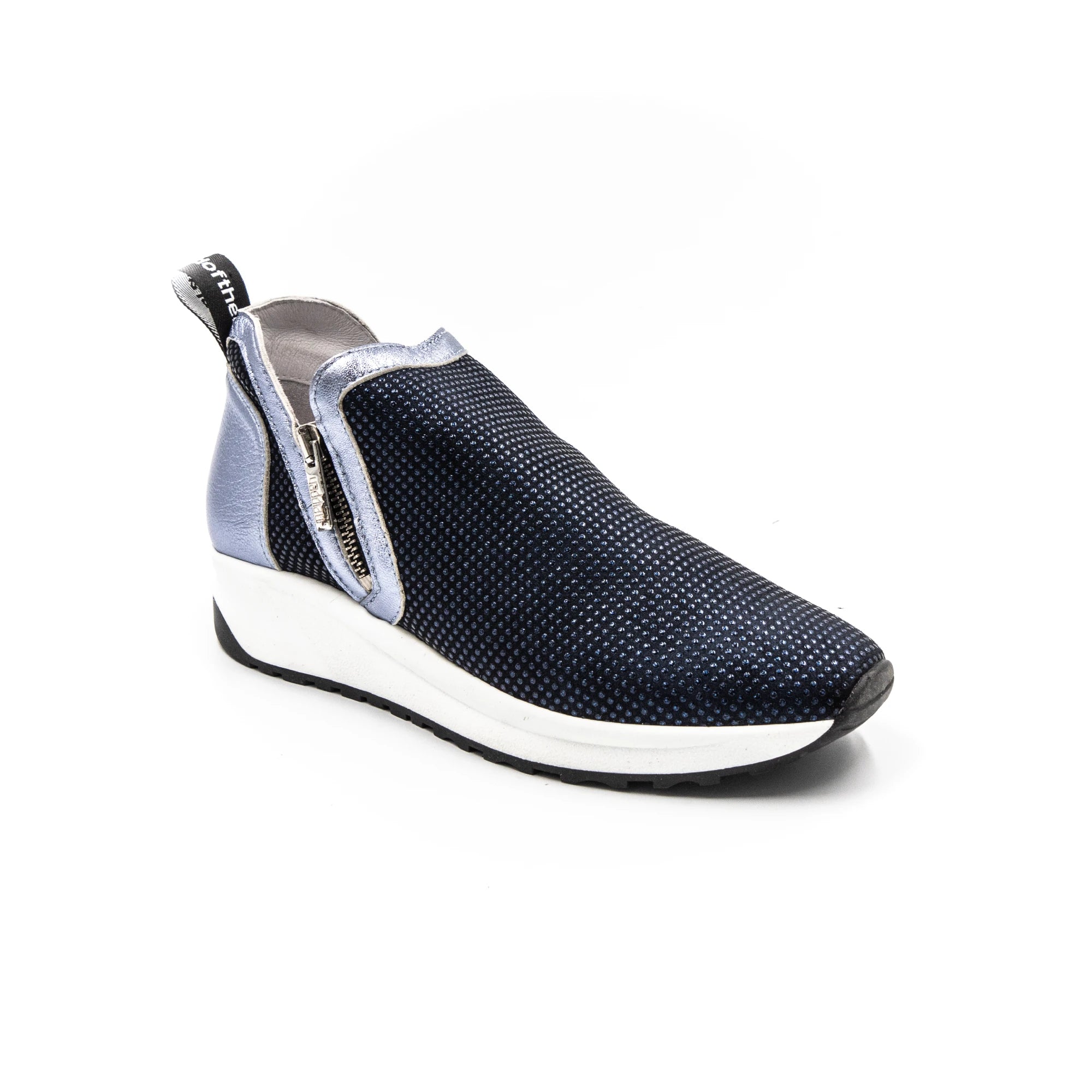 Blue sneakers with zippers.