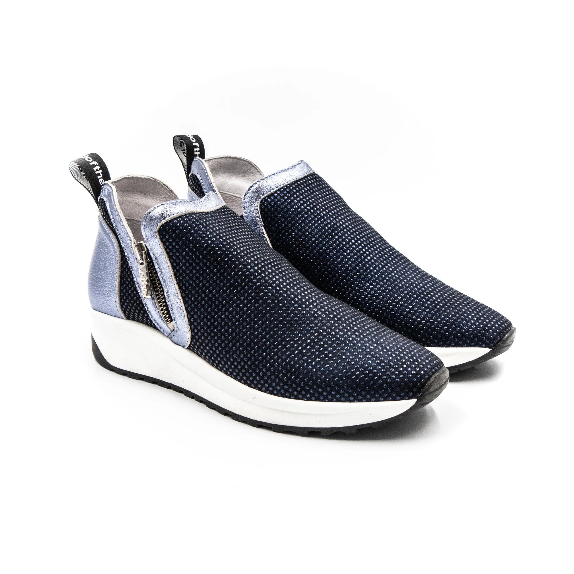 Blue sneakers with zippers.