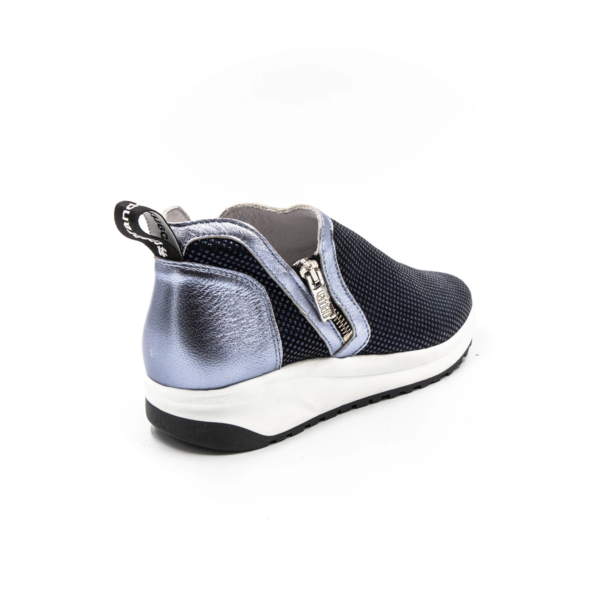 Blue sneakers with zippers.