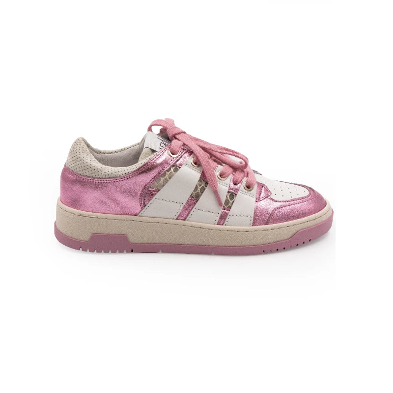 Pink and white sneakers with lace-up closure, featuring a low-top design and a flat sole.