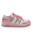 Pink and white sneakers with lace-up closure, featuring a low-top design and a flat sole.