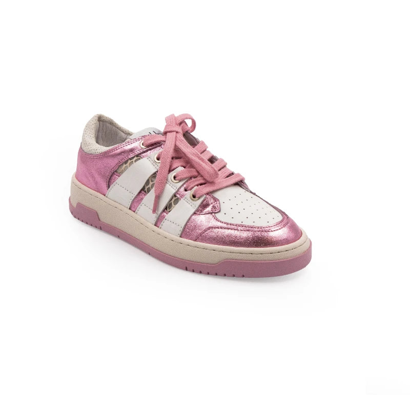 Pink and white sneakers with lace-up closure, featuring a low-top design and a flat sole.