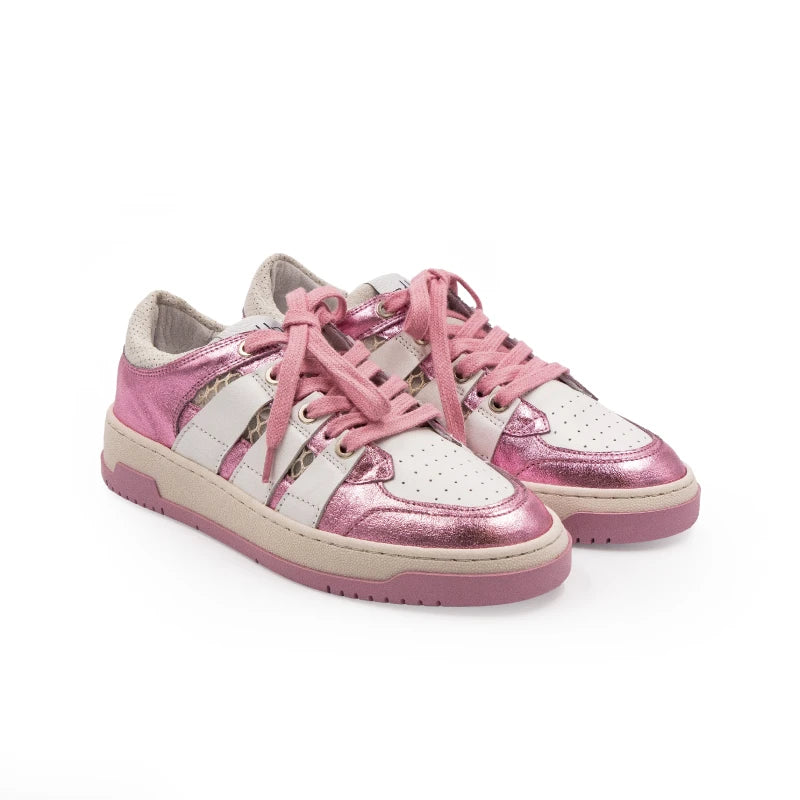 Pink and white sneakers with lace-up closure, featuring a low-top design and a flat sole.