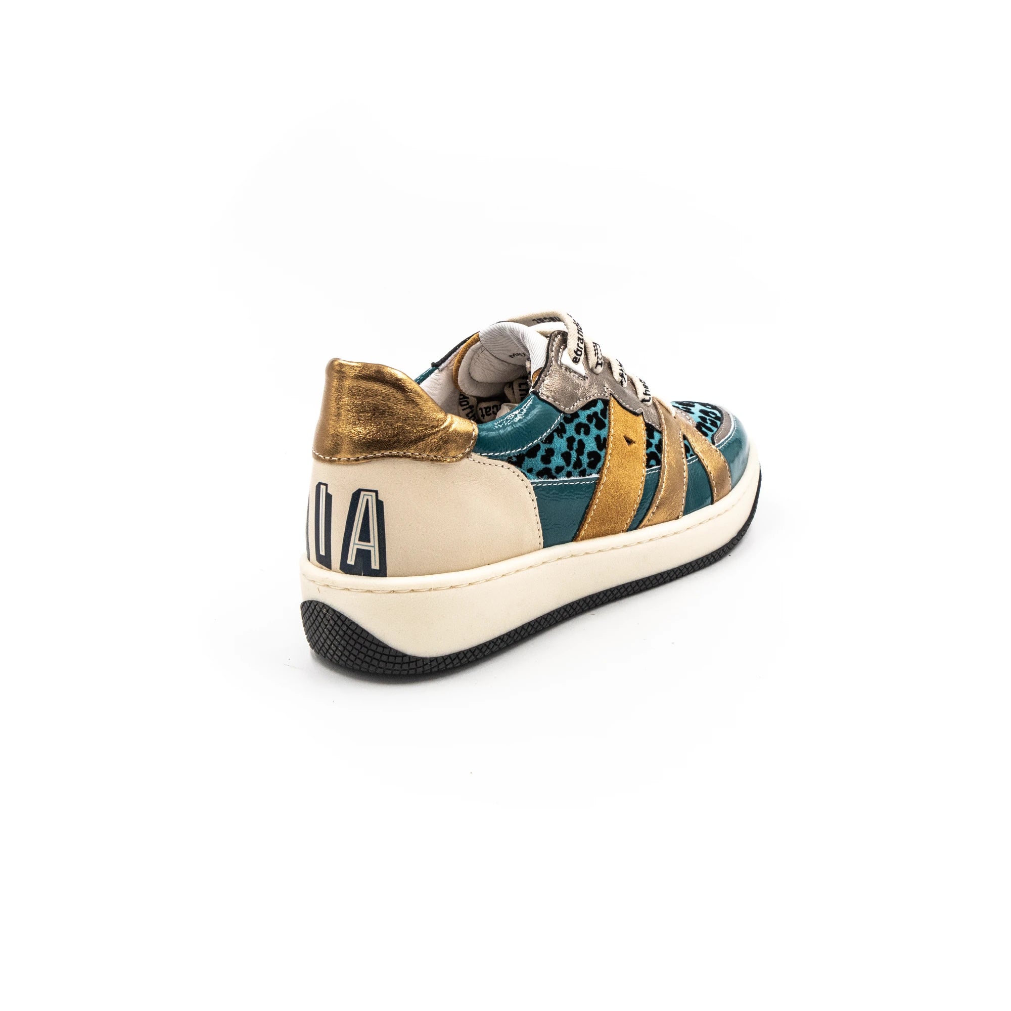 Leopard pattern sneakers.