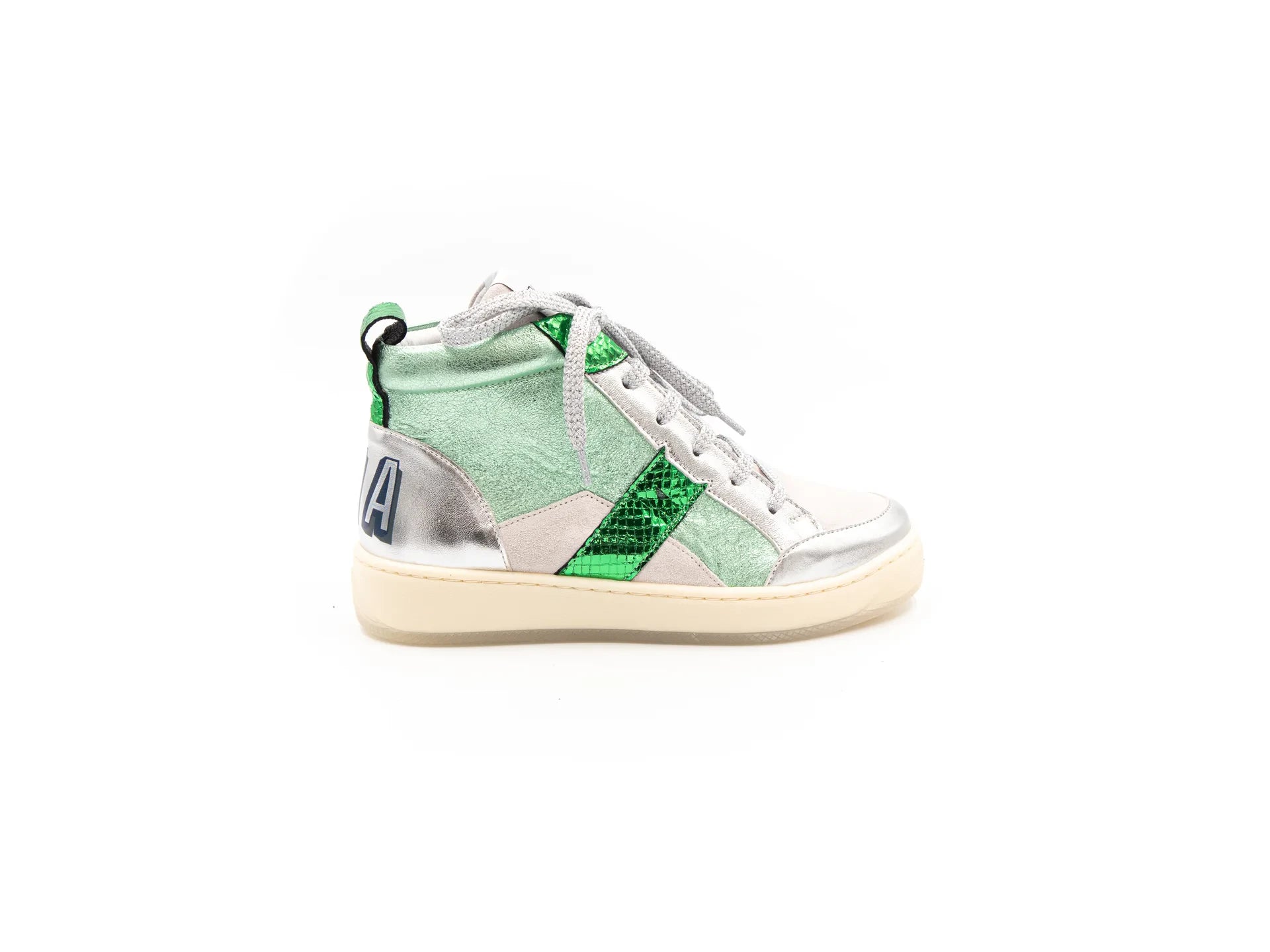 A high-top sneaker with a mix of silver and green colors, featuring a lace-up closure and a flat sole.