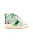 A high-top sneaker with a mix of silver and green colors, featuring a lace-up closure and a flat sole.
