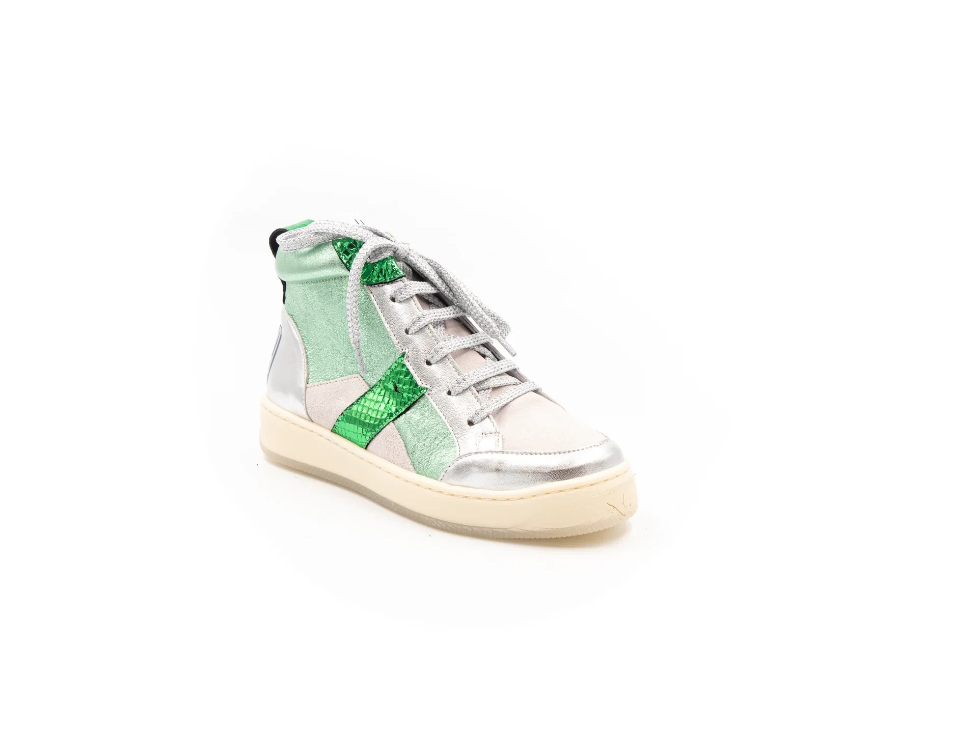 A high-top sneaker with a mix of silver and green colors, featuring a lace-up closure and a flat sole.