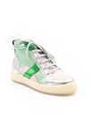 A high-top sneaker with a mix of silver and green colors, featuring a lace-up closure and a flat sole.