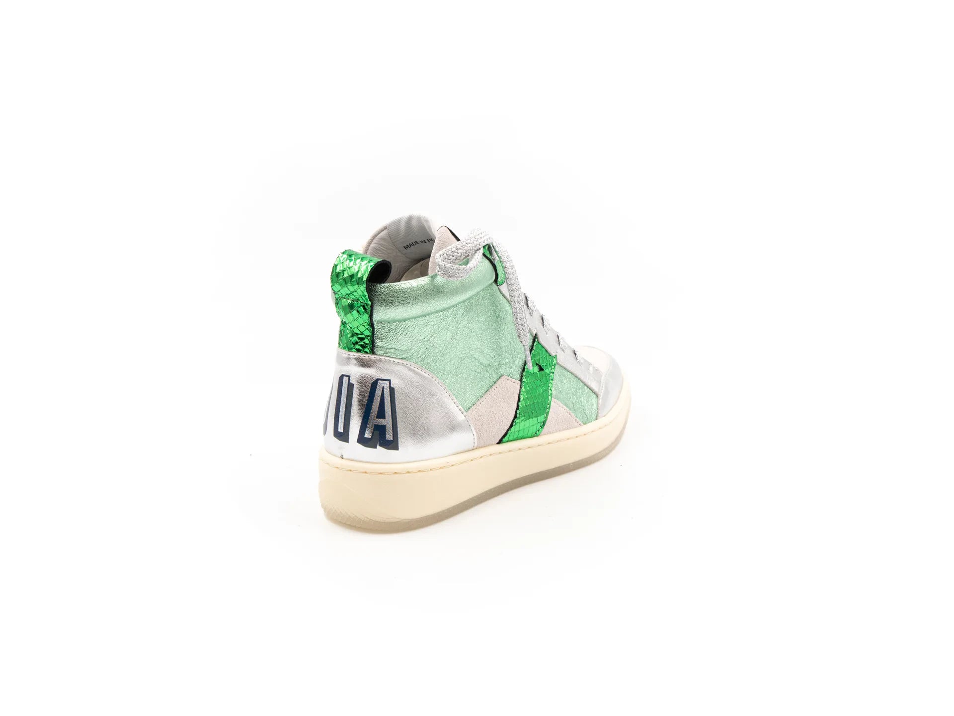 A high-top sneaker with a mix of silver and green colors, featuring a lace-up closure and a flat sole.
