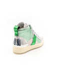 A high-top sneaker with a mix of silver and green colors, featuring a lace-up closure and a flat sole.