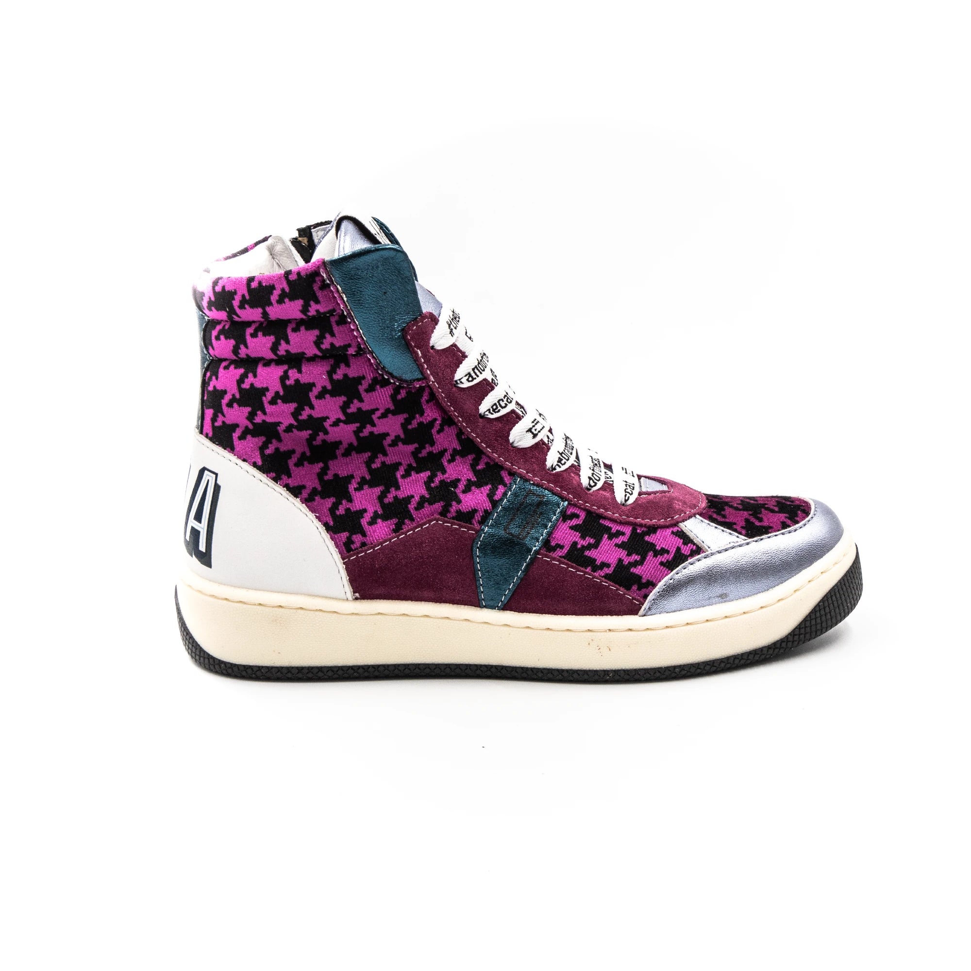 Pink high-top sneakers.