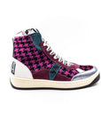 Pink high-top sneakers.