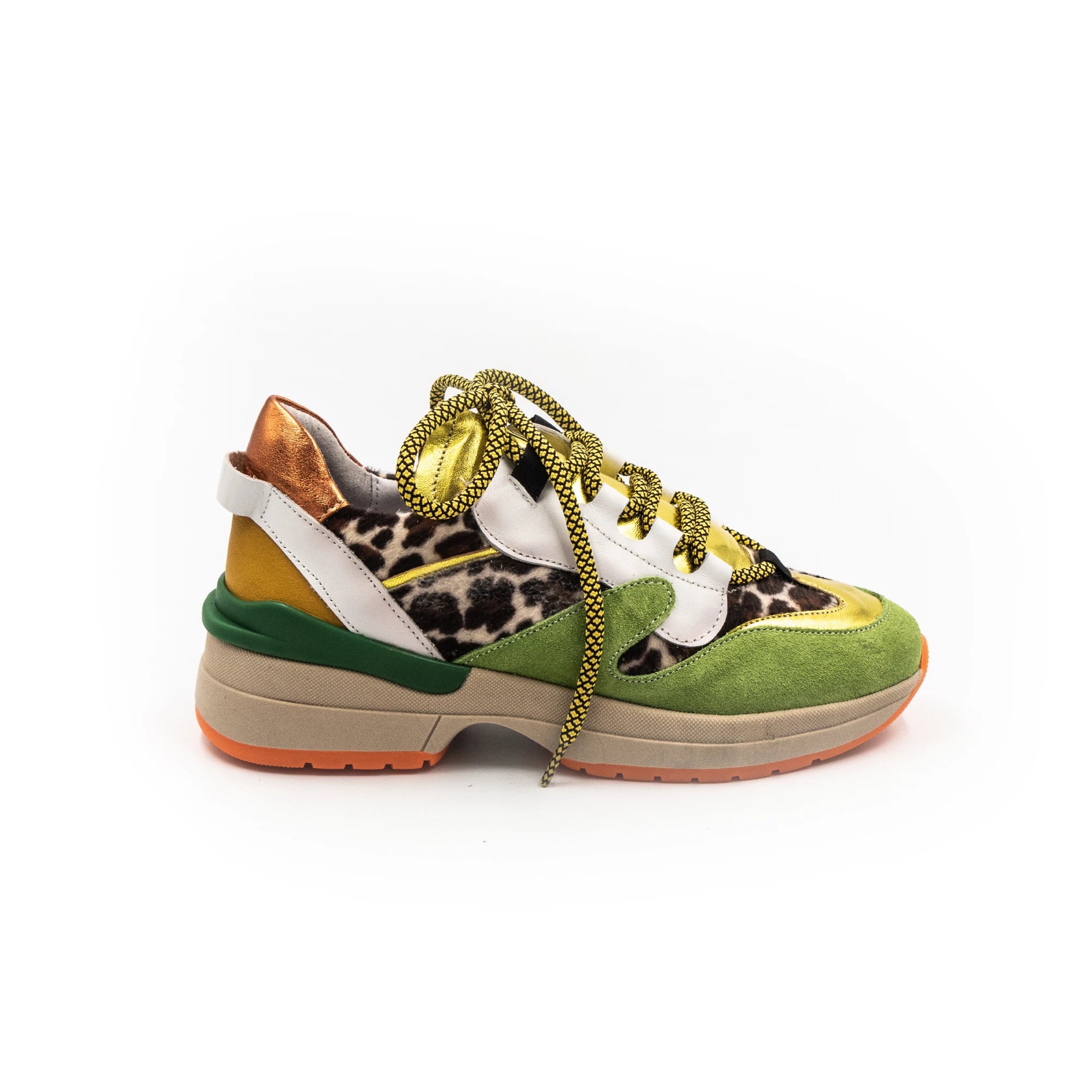 Sneakers in shades of green, with different textures.