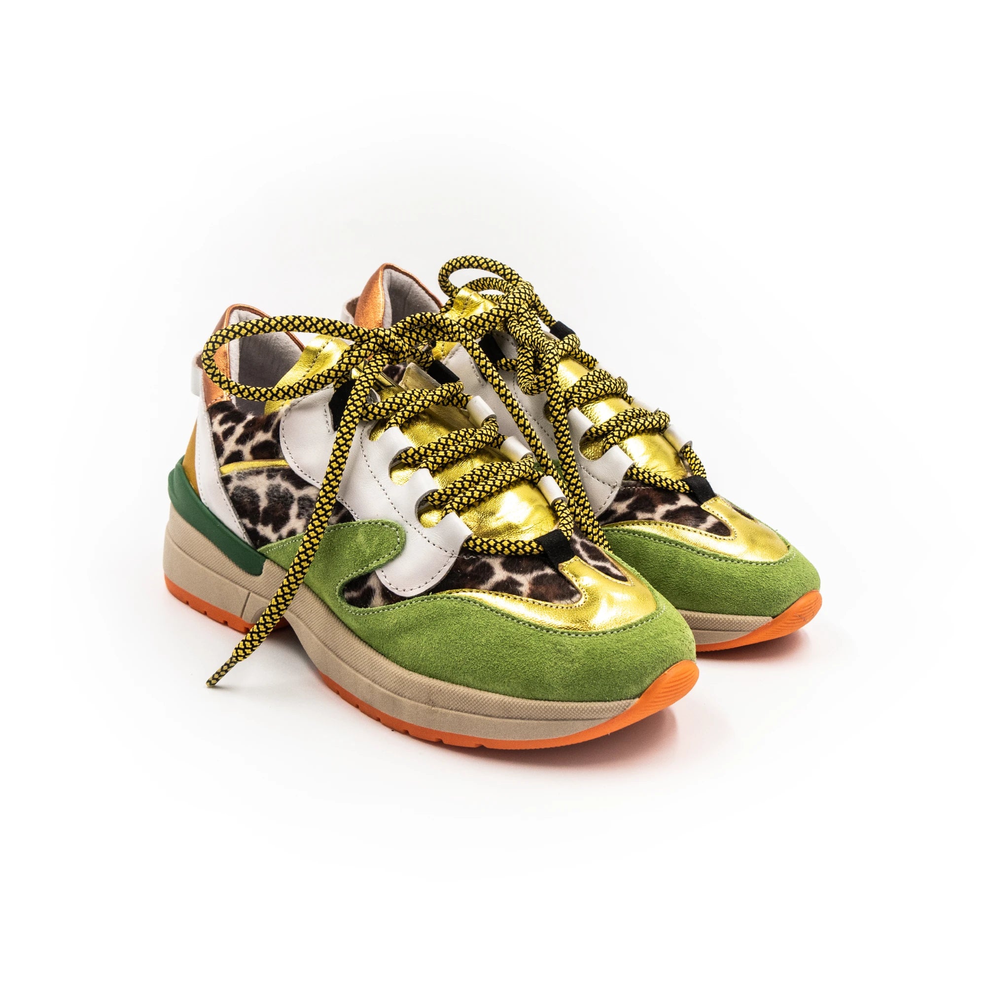 Sneakers in shades of green, with different textures.