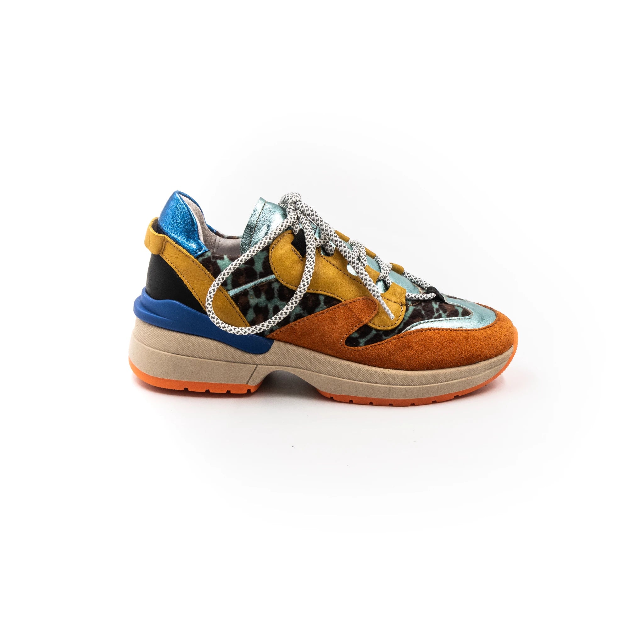 Sneakers in shades of orange, with different textures.