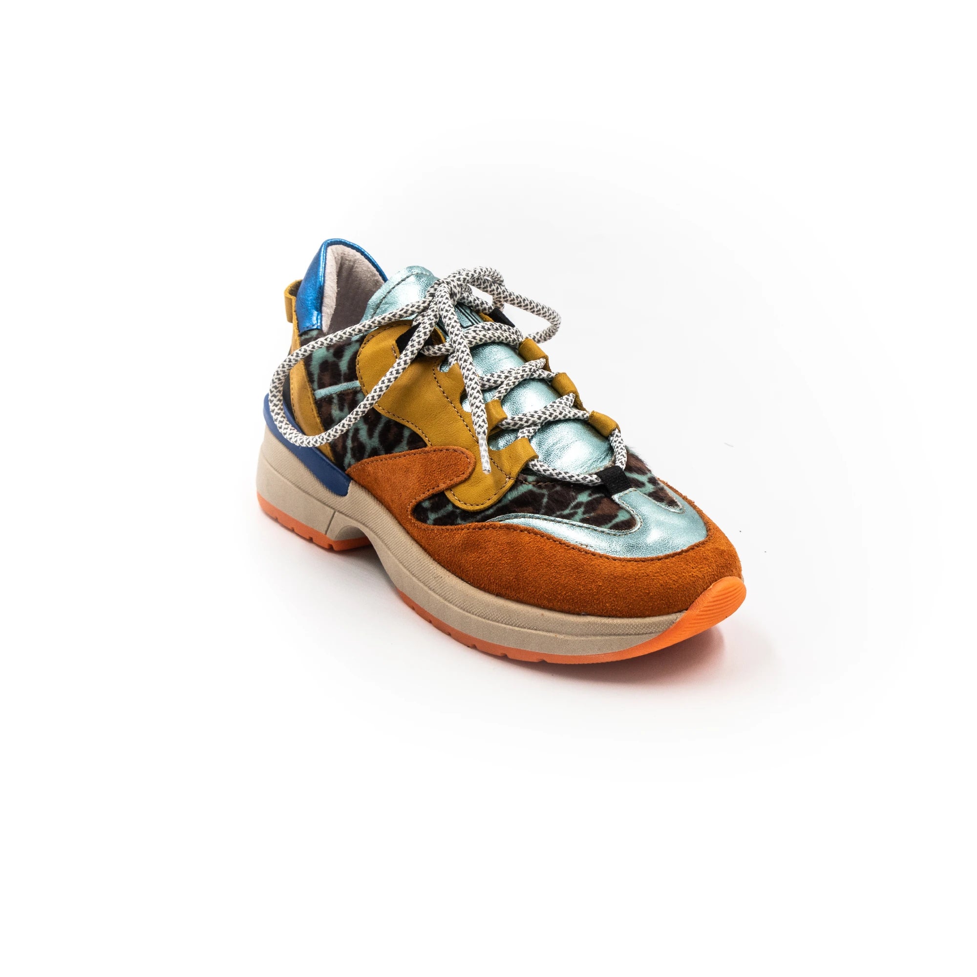 Orange sneakers with different textures.