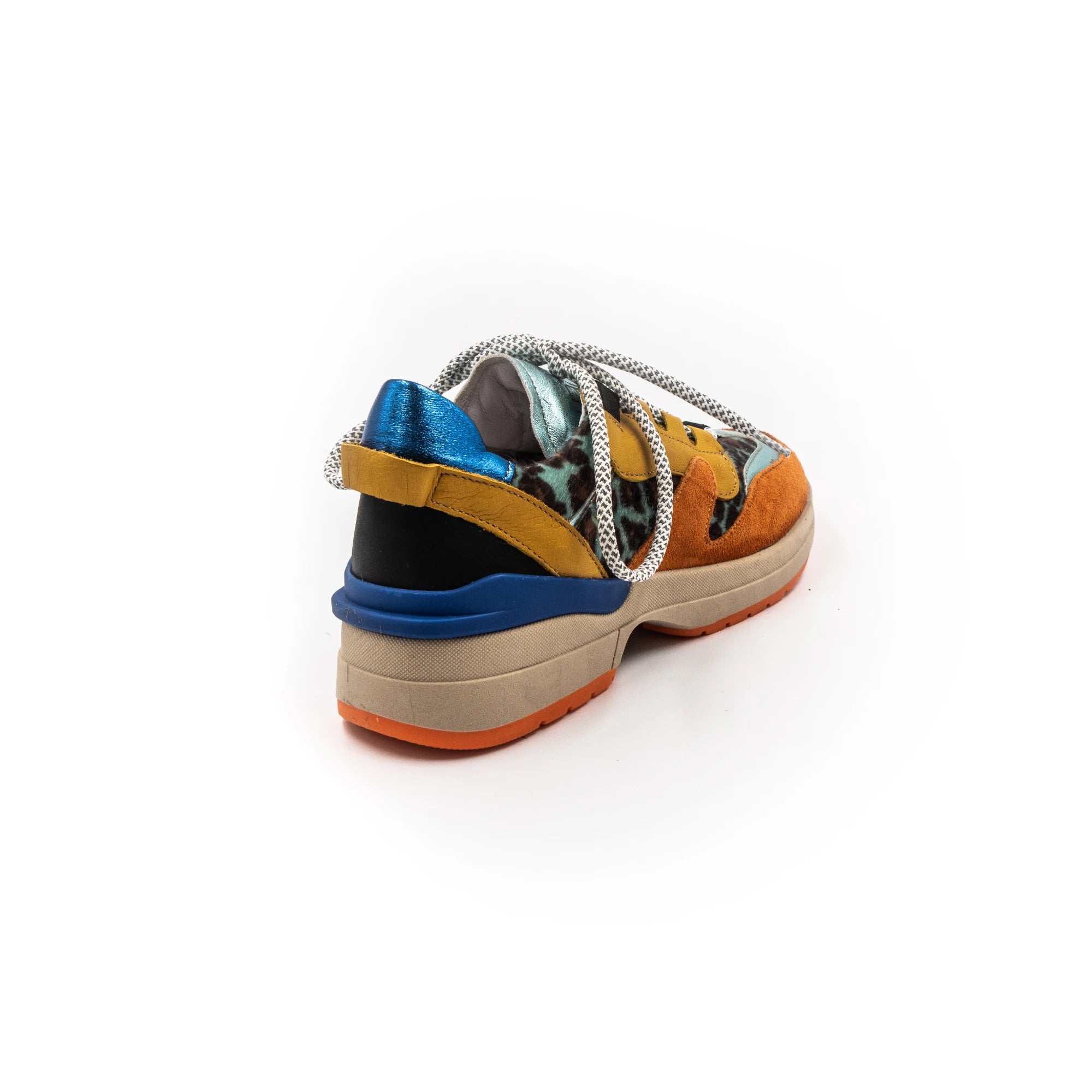 Orange sneakers with different textures.