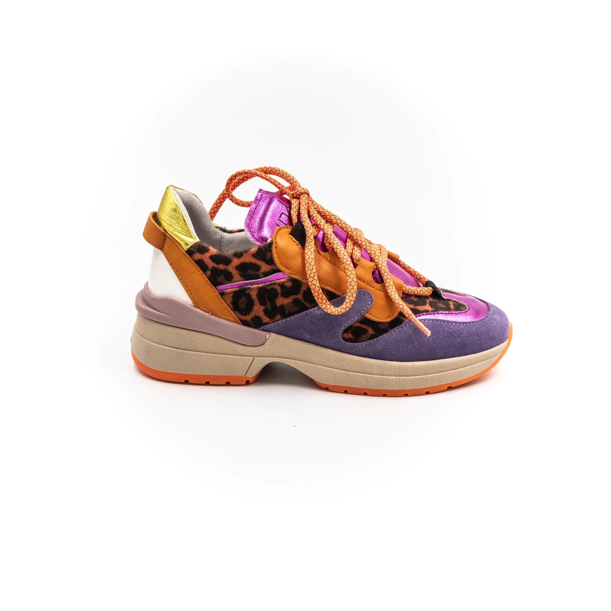 A pair of multicolored leather sneakers with purple, orange, and leopard print patterns, featuring a lace-up closure and a flat sole.