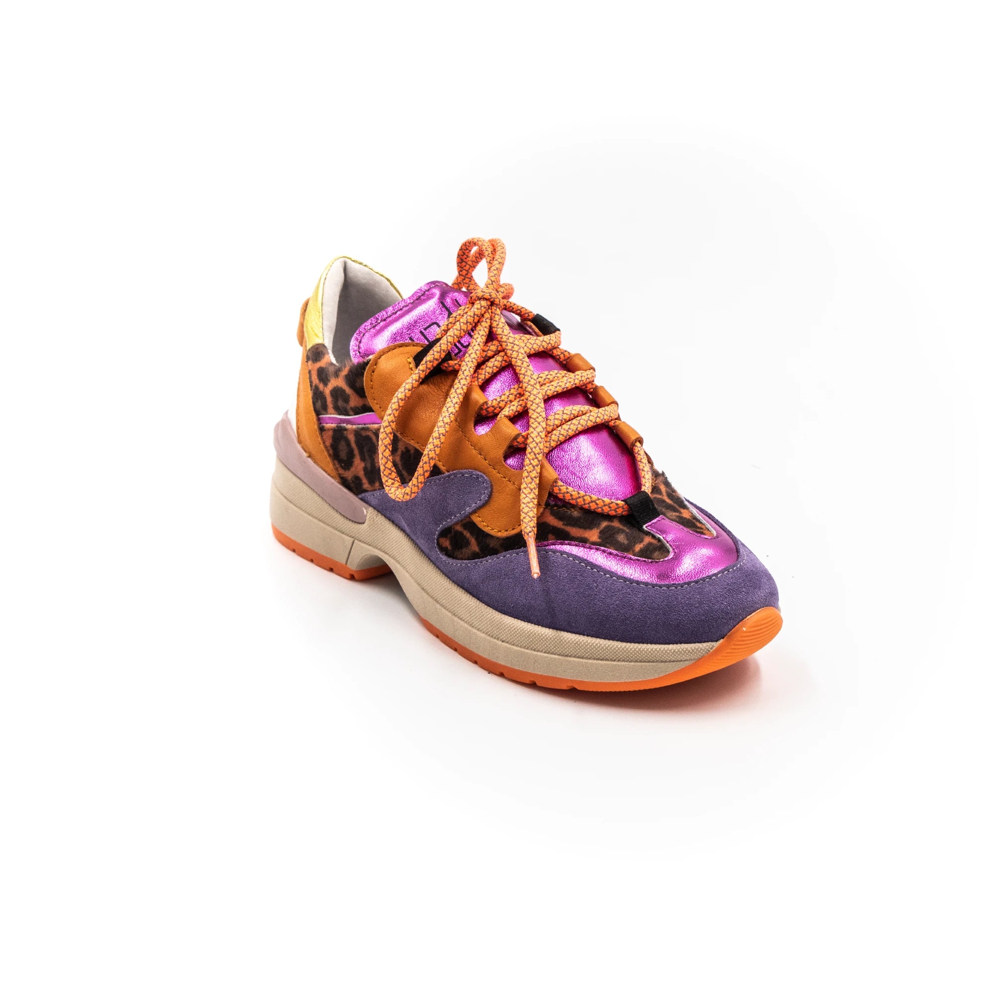 A pair of multicolored leather sneakers with purple, orange, and leopard print patterns, featuring a lace-up closure and a flat sole.