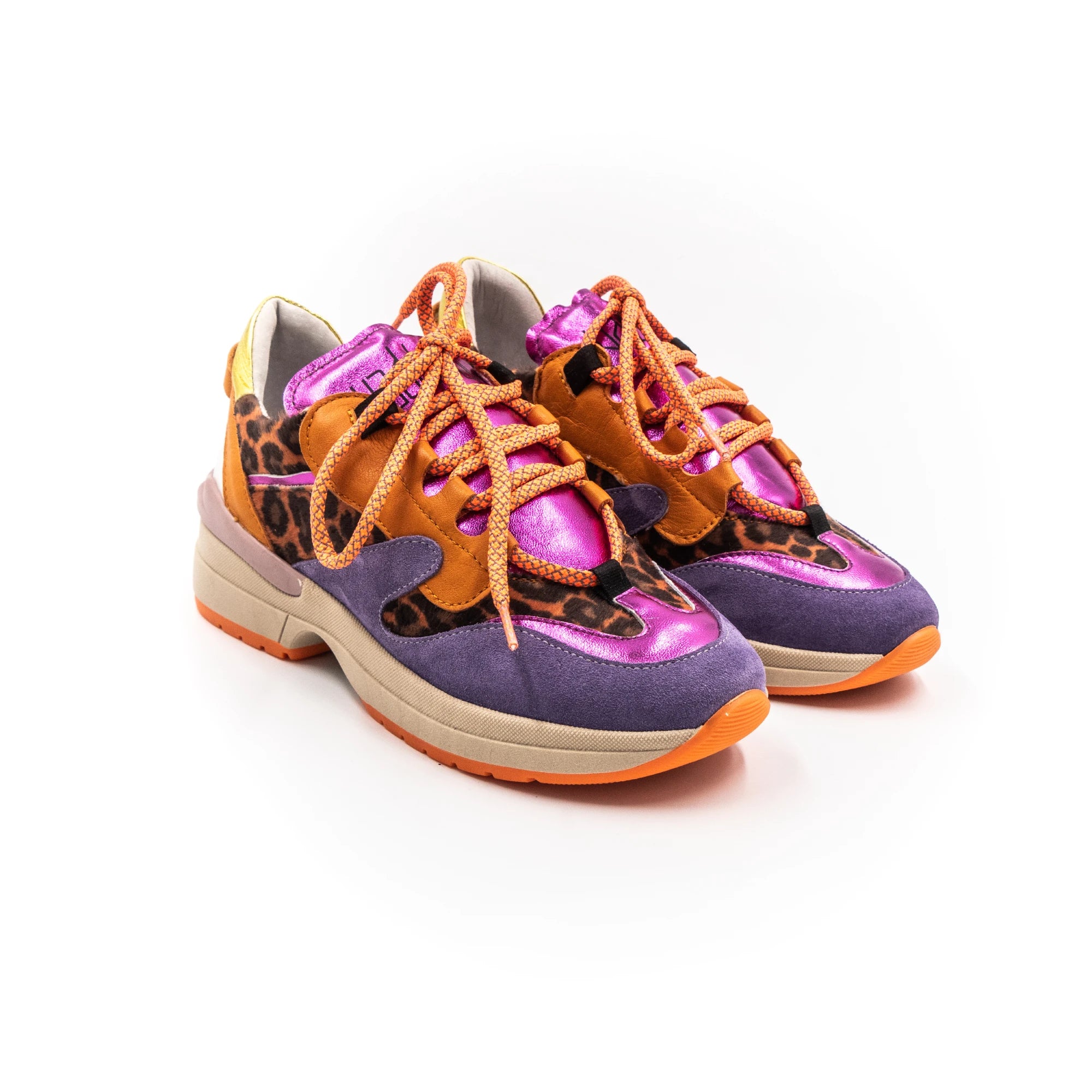 A pair of multicolored leather sneakers with purple, orange, and leopard print patterns, featuring a lace-up closure and a flat sole.