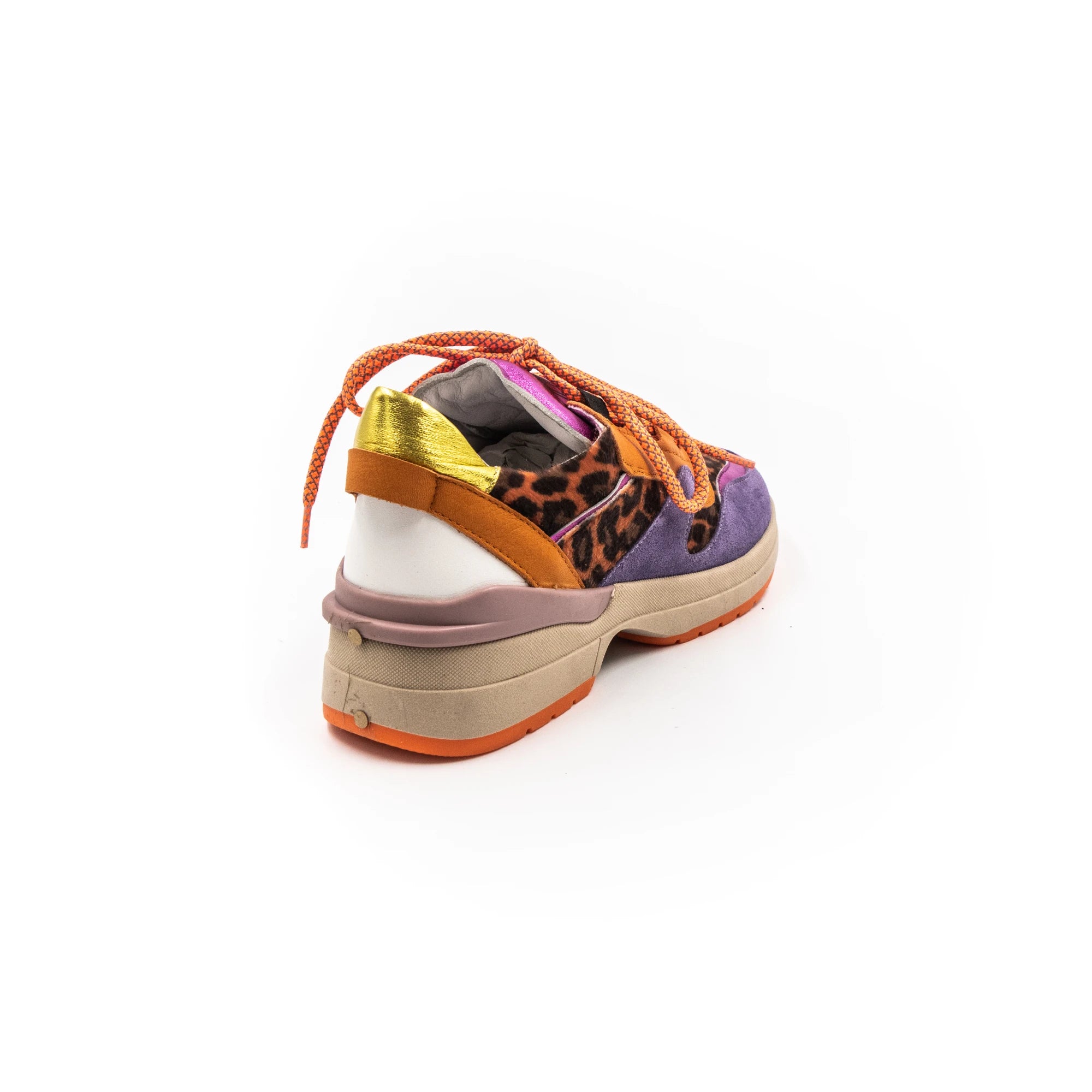 A pair of multicolored leather sneakers with purple, orange, and leopard print patterns, featuring a lace-up closure and a flat sole.